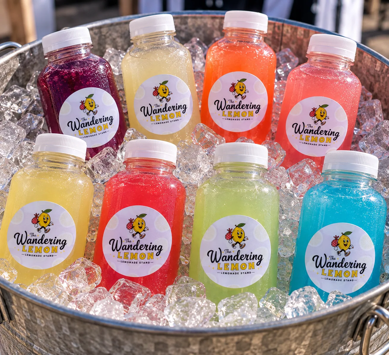 Assorted colorful bottled lemonades in a metal ice tub